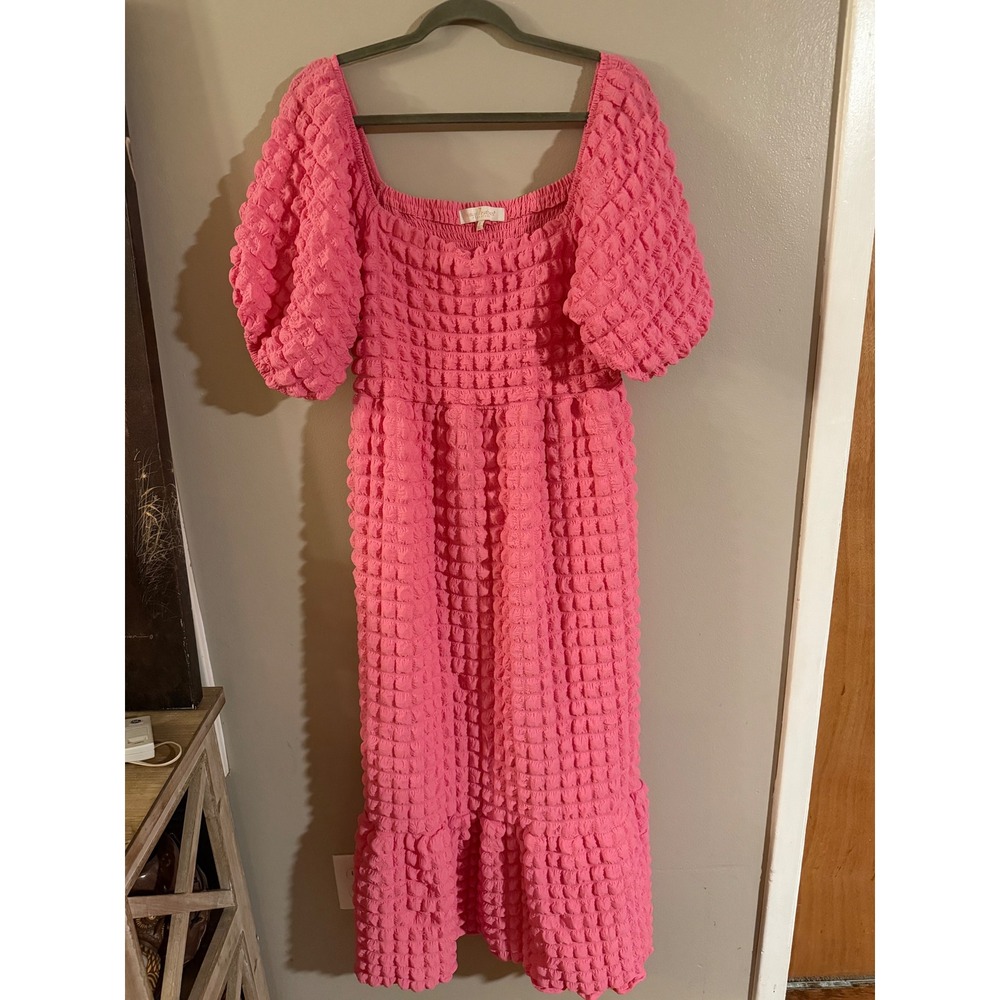 Simply Southern Pink Popcorn Textured Smocked Puff Sleeve Midi Dress Large